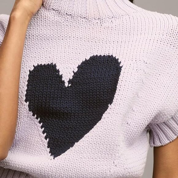 Short Sleeve Sweater with Black Heart Design - Picture 1 of 9